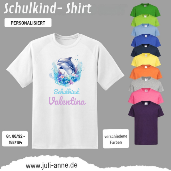 Kinder Basic-Shirt SCHULKIND personalisiert Zahl Name AQUA DELFIN 1