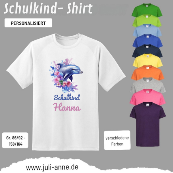 Kinder Basic-Shirt SCHULKIND personalisiert Zahl Name AQUA DELFIN 2