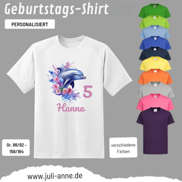 Kinder Basic-Shirt GEBURTSTAG personalisiert Zahl & Name AQUA DELFIN 2