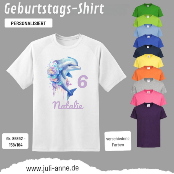 Kinder Basic-Shirt GEBURTSTAG personalisiert Zahl & Name AQUA DELFIN 3