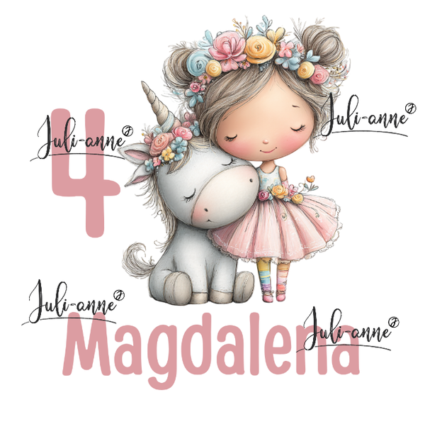 Bügelbild Geburtstag EINHORN MÄDCHEN 2 ZAHL & NAME