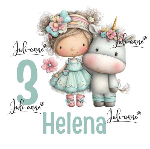 Bügelbild Geburtstag EINHORN MÄDCHEN 3 ZAHL & NAME