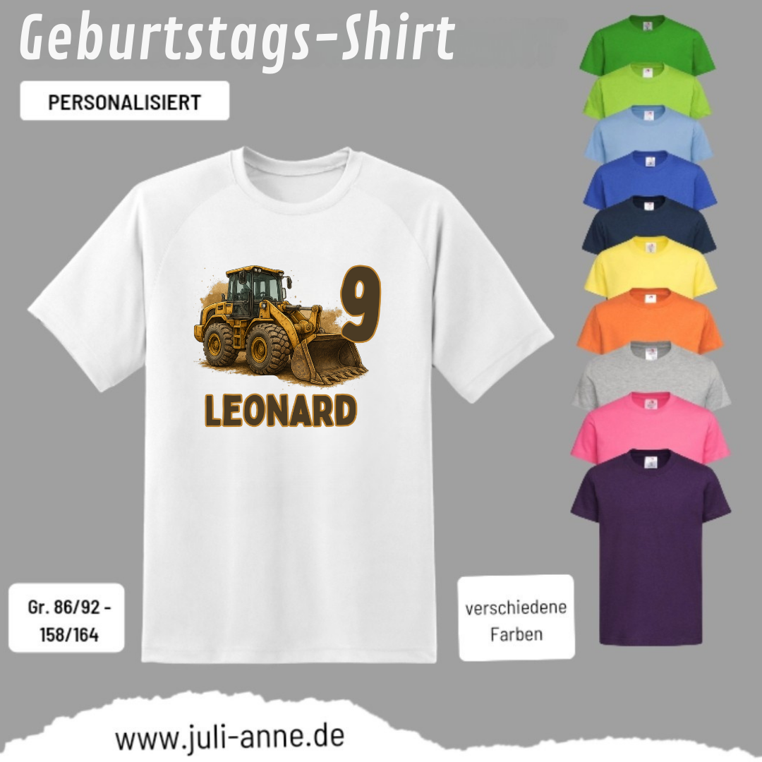 Kinder Basic-Shirt GEBURTSTAG personalisiert Zahl & Name BULLDOZER