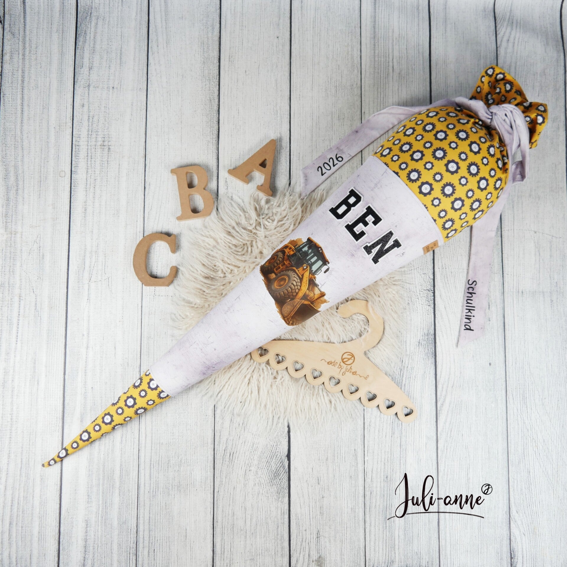 Schultüte Bulldozer Bagger Grau Gelb  70cm / 85cm / Geschwister passend zum Ranzen McNeill Bulldozer