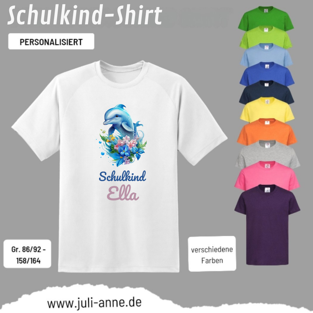 Kinder Basic-Shirt SCHULKIND personalisiert Zahl Name AQUA DELFIN 4