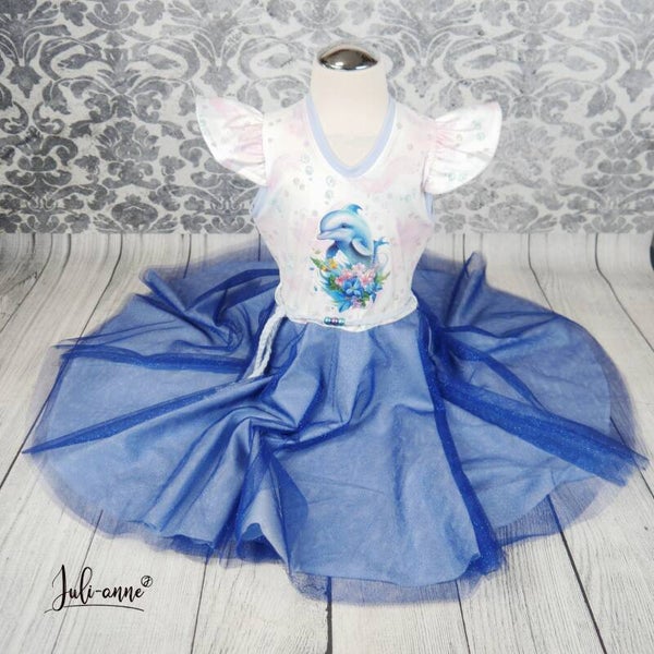 Drehkleid - Aqua Delfin mit Glitzer Tüll