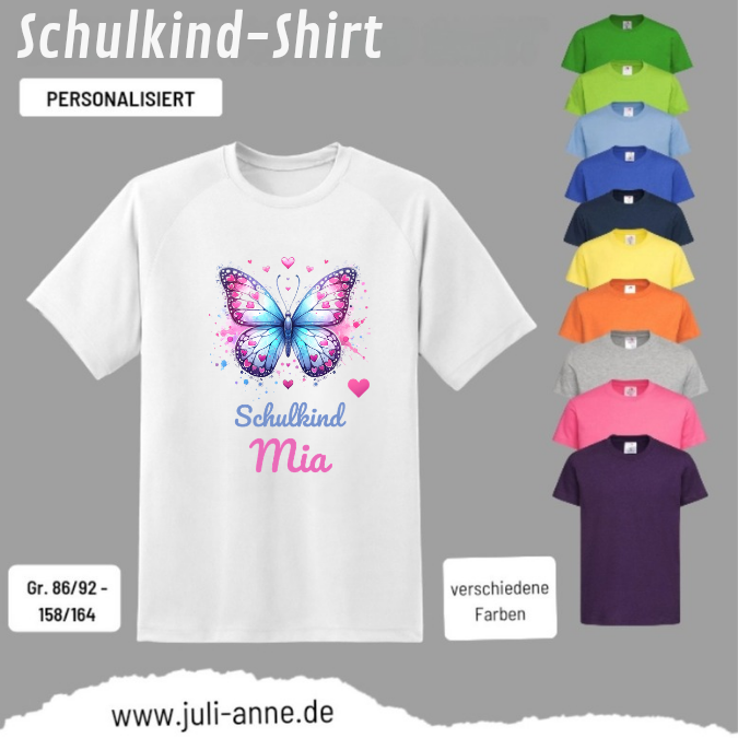 Kinder Basic-Shirt SCHULKIND personalisiert Zahl Name LOVELY BUTTERFLY 1