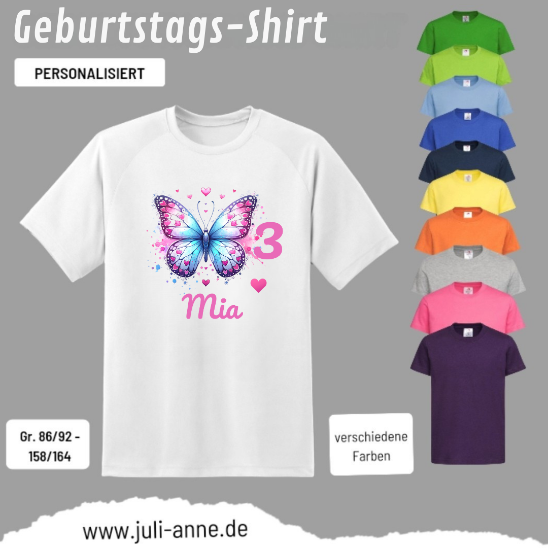 Kinder Basic-Shirt GEBURTSTAG personalisiert Zahl & Name LOVELY BUTTERFLY 1