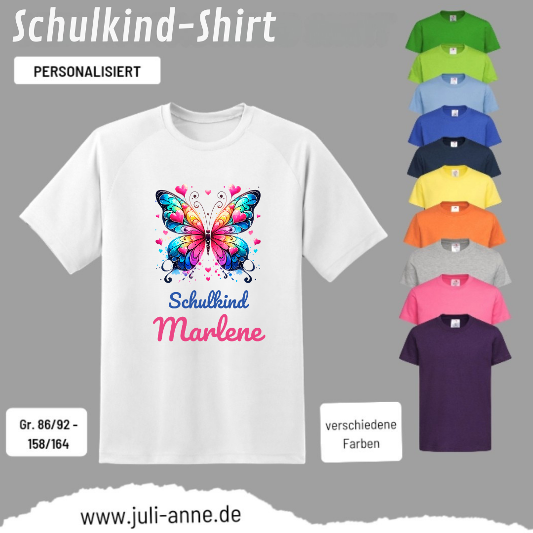 Kinder Basic-Shirt SCHULKIND personalisiert Zahl Name LOVELY BUTTERFLY 2