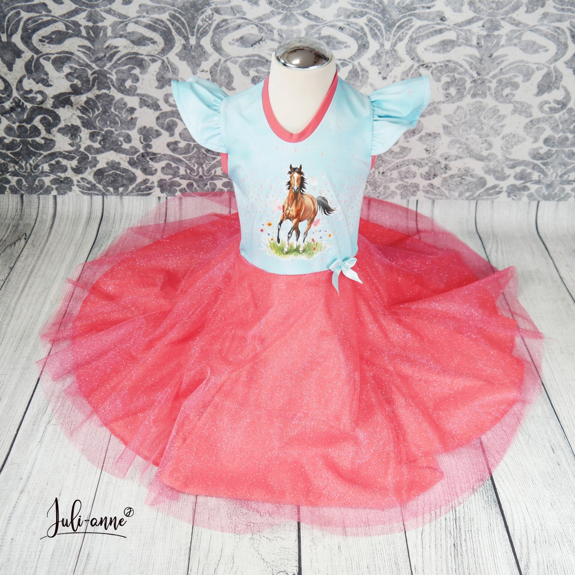 Drehkleid - Pferd Hellblau Koralle mit Glitzer Tüll