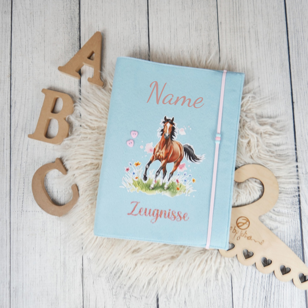 Zeugnismappe Hellblau Pferd