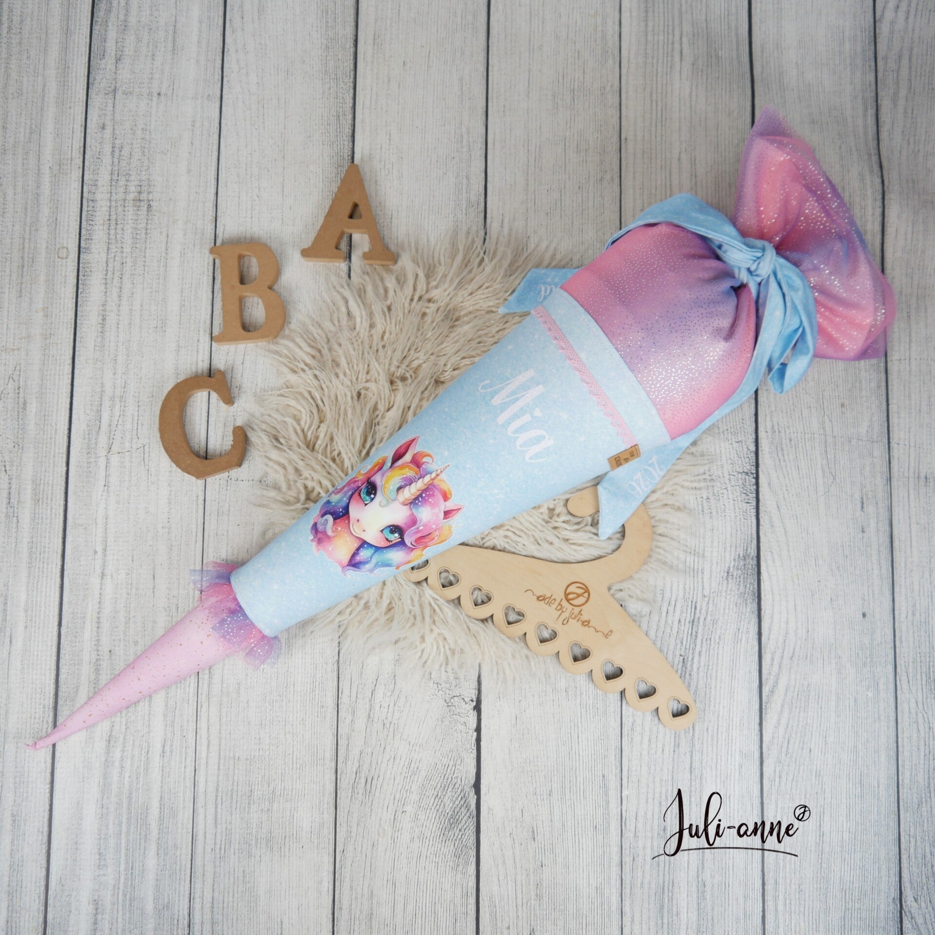 Schultüte Einhorn Bunt Hellblau Rosa Glitter Tüll 70cm / 85cm / Geschwister Beckmann Fairytale