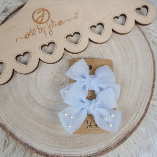 Schleifen Haar-Clip Hellblau Tüll mit Perlen