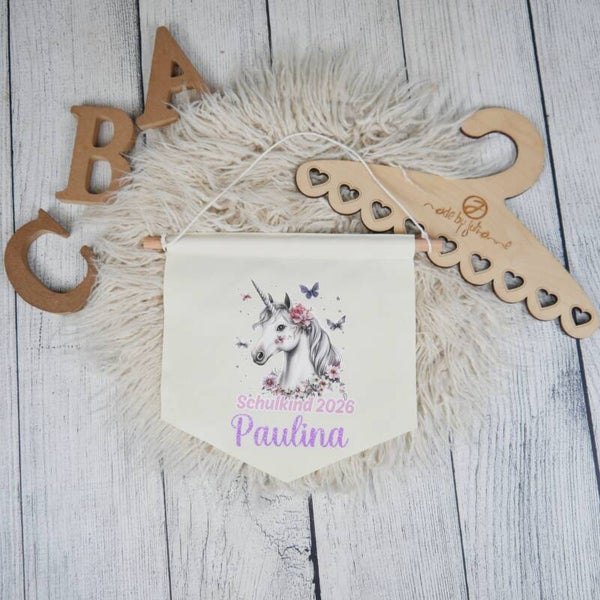 LEINWAND-BANNER Schulkind *personalisiert - Einhorn Weiß