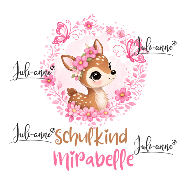 Bügelbild Schulkind REH BLUMENKRANZ Name