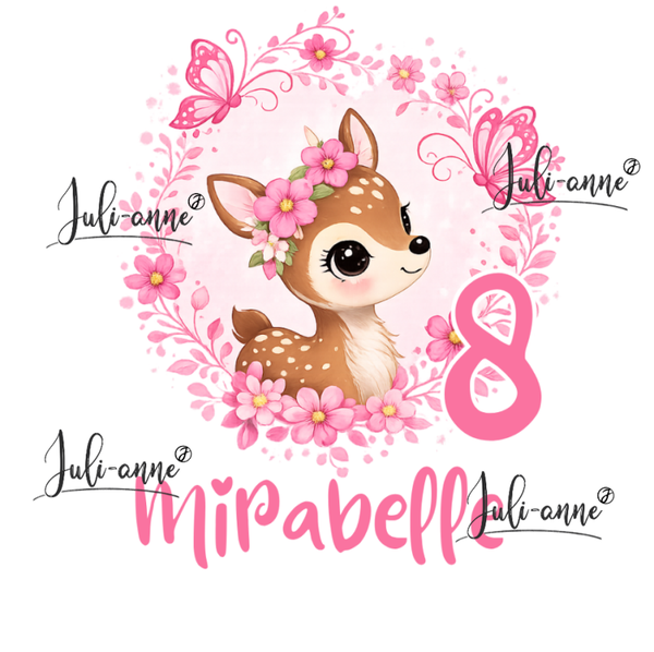 Bügelbild Geburtstag REH BLUMENKRANZ ZAHL & NAME