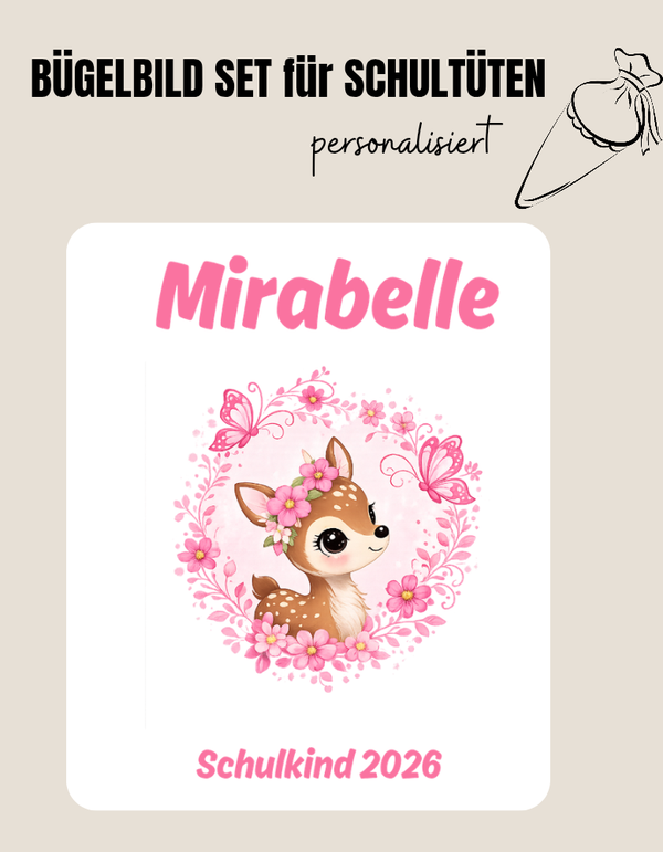 Set für Schultüte *personalisiert* REH BLUMENKRANZ