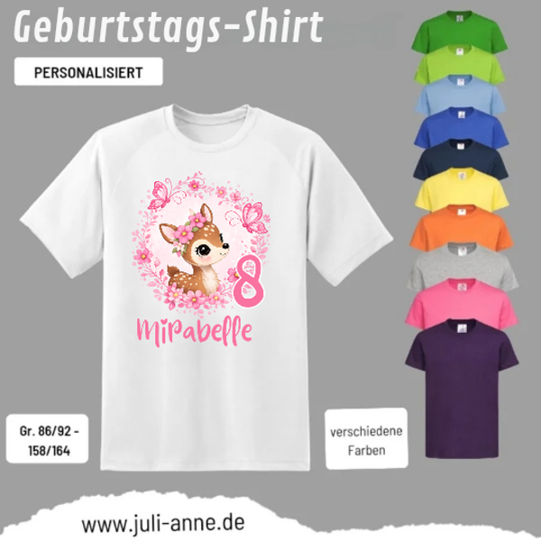 Kinder Basic-Shirt GEBURTSTAG personalisiert Zahl & Name REH BLUMENKRANZ
