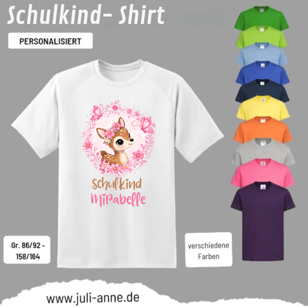Kinder Basic-Shirt SCHULKIND personalisiert Zahl Name Reh Blumenkranz