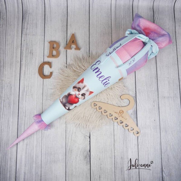 Schultüte Katze Mint Rosa Lila Glitzer Tüll 70cm / 85cm / Geschwister