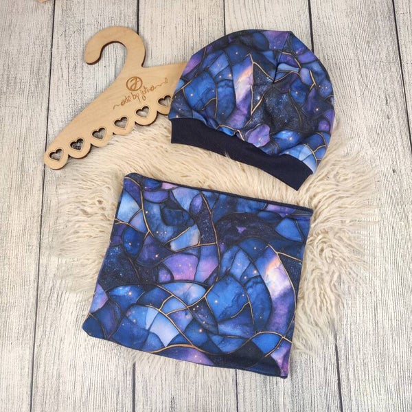 KU 56-57 Set: Beanie & Schlupfschal Lila Gold #gefüttert