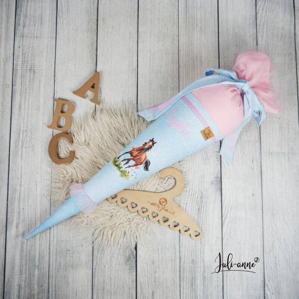 Schultüte Pferd Hellblau Rosa  Tüll 70cm / 85cm / Geschwister