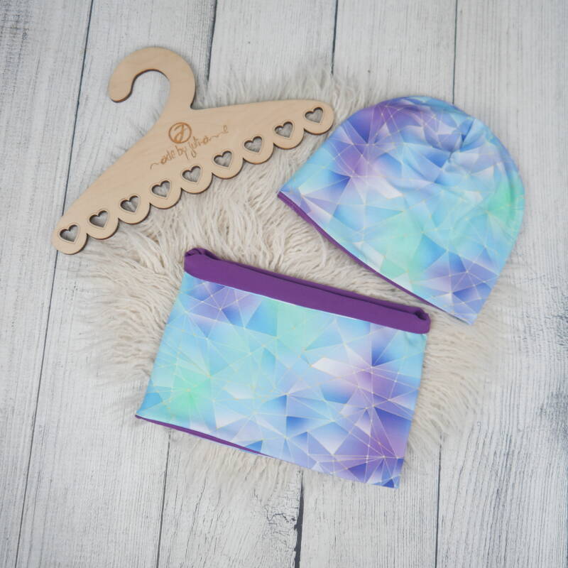 KU 42 - 49 Set: Beanie & Schlupfschal grafisch Blau Lila
