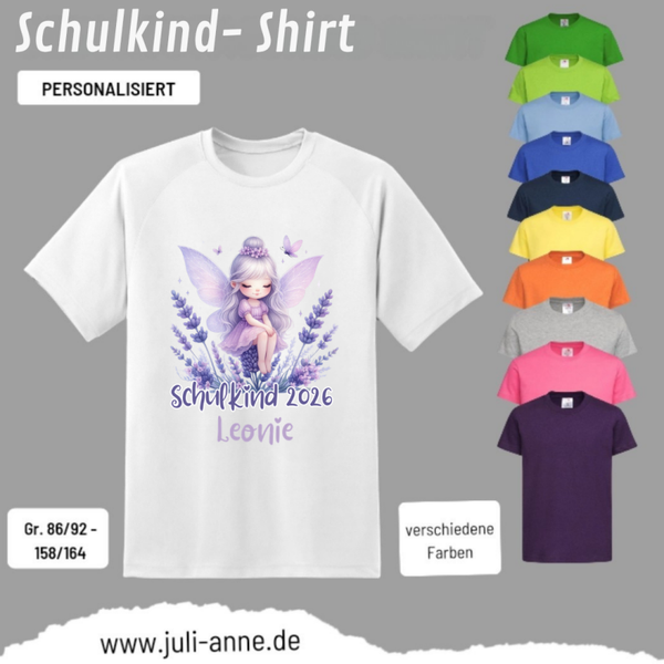 Kinder Basic-Shirt SCHULKIND personalisiert Zahl Name Lavendel Fee 1
