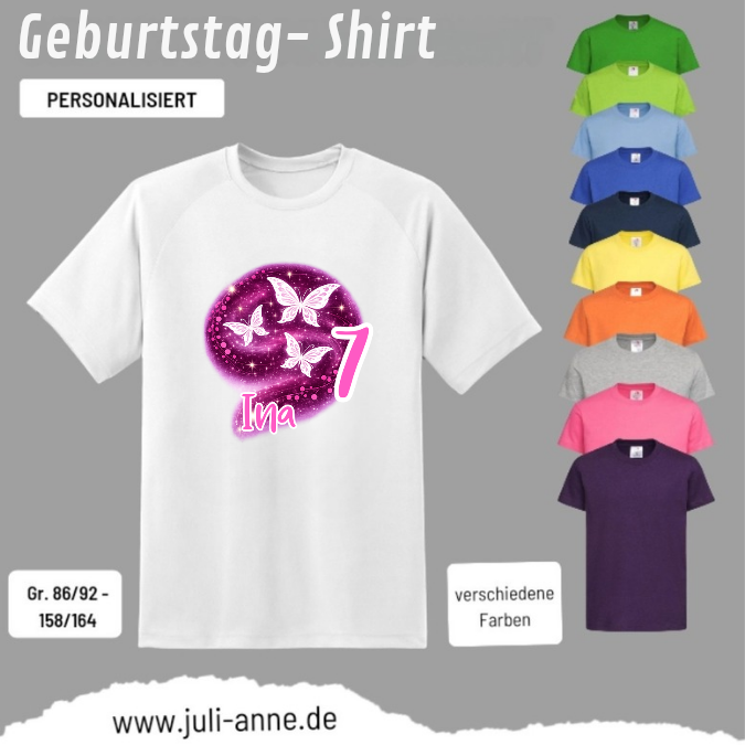 Kinder Basic-Shirt GEBURTSTAG personalisiert Zahl & Name Butterfly Ina