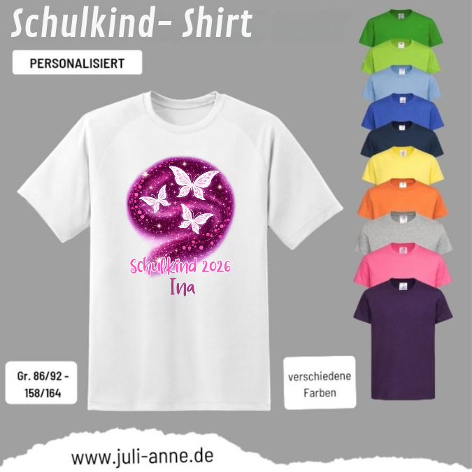Kinder Basic-Shirt SCHULKIND personalisiert Zahl Name Butterfly Ina