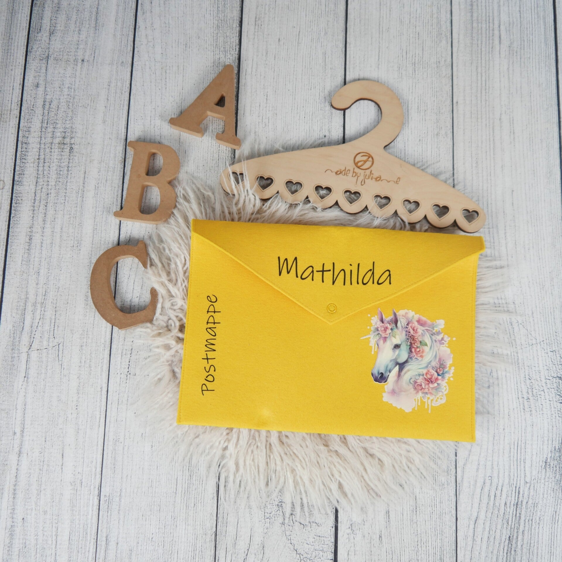 POSTMAPPE GELB - Blumen Einhorn Rosa  - personalisiert