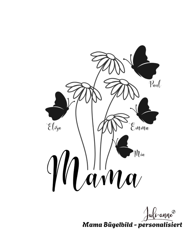 MAMA BLUMEN & SCHMETTERLINGE - Bügelbild zu Muttertag - personalisiert