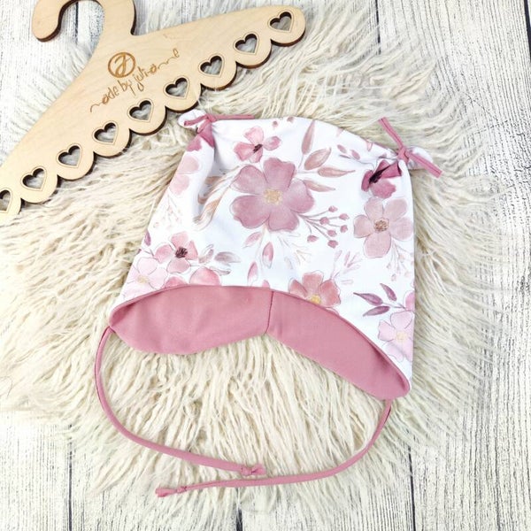 KU 43/45 Öhrchen Mütze Blumen Altrosa Weiß  #Übergang