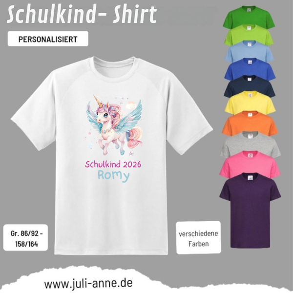 Kinder Basic-Shirt SCHULKIND personalisiert Zahl Name RAINBOW PEGASUS 1
