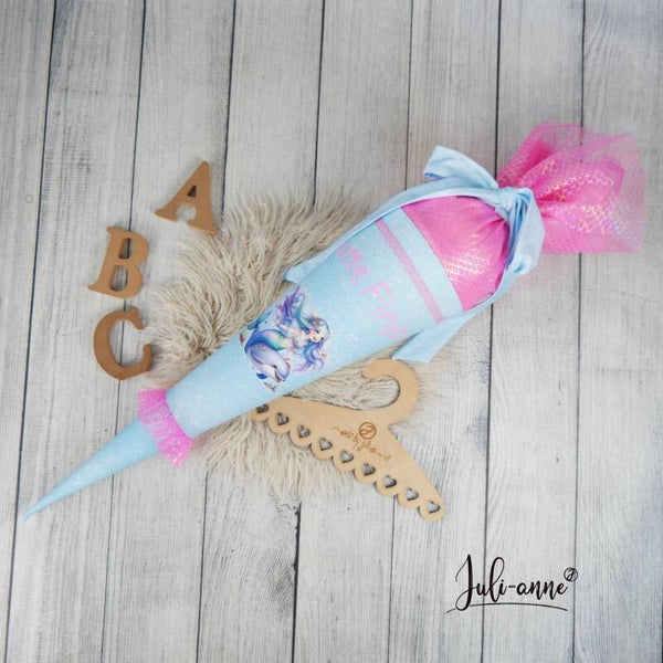 Schultüte Meerjungfrau & Delfin Hellblau Pink Tüll 70cm / 85cm / Geschwister