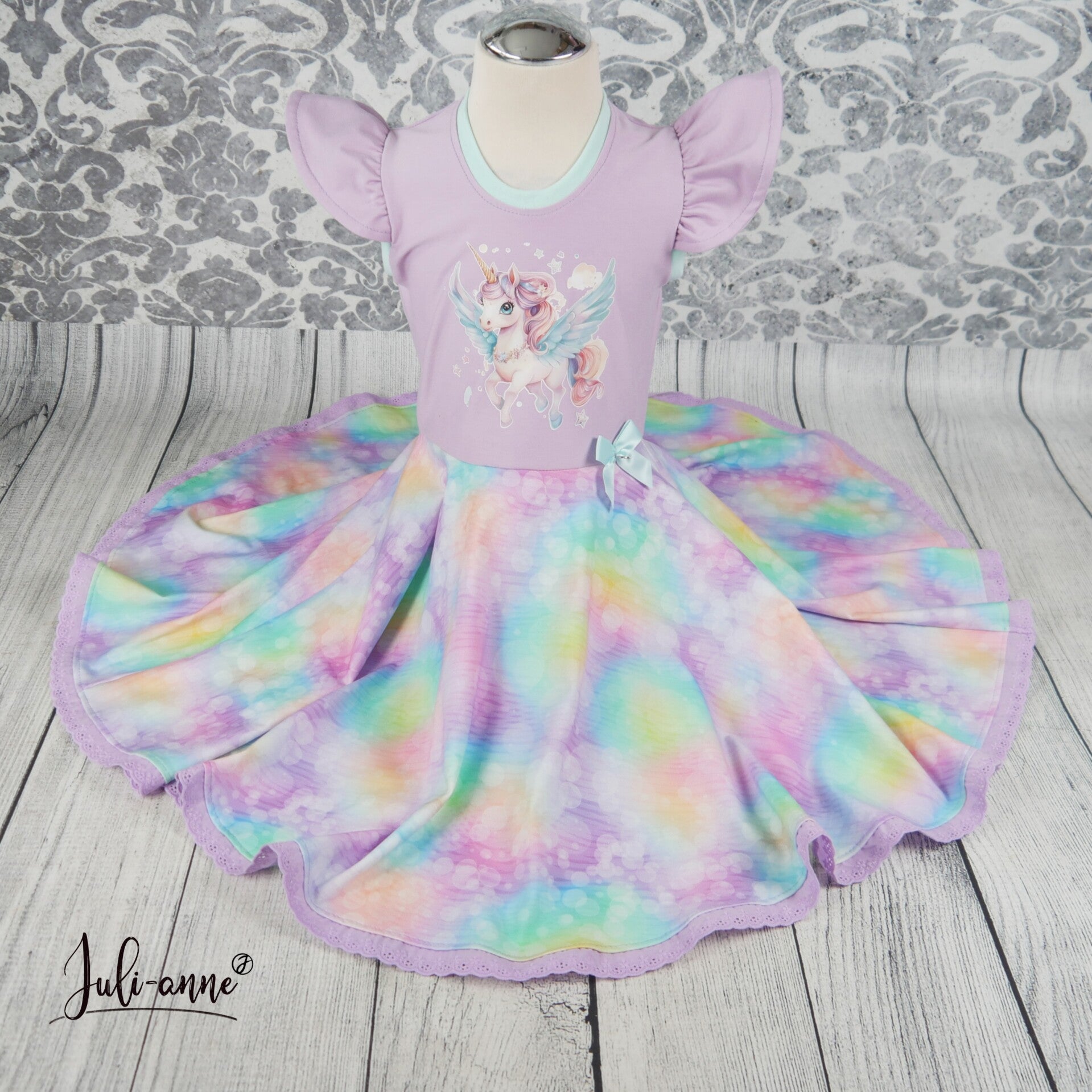 Drehkleid - Flieder Bunt Rainbow Pegasus #Einschulung