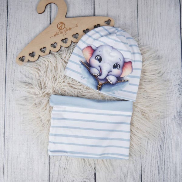 KU 42 - 49 Set: Beanie & Schlupfschal Reißverschluss Elefant