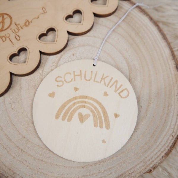 Holz Anhänger für Schultüte - Rund Schulkind Regenbogen