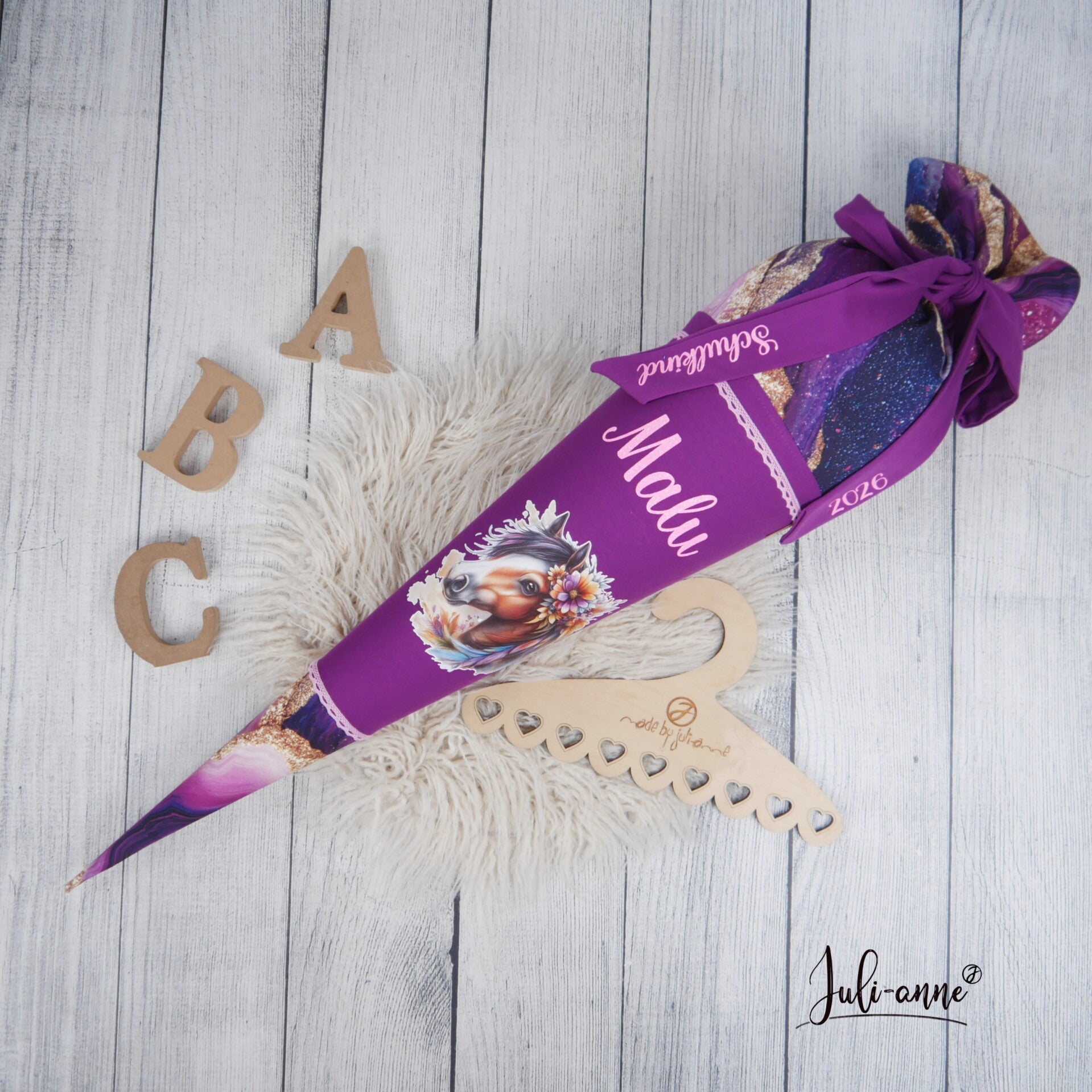 Schultüte Lila Gold Boho Pferd  70cm / 85cm / Geschwister passend zu Ergobag Sternguckbär