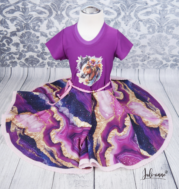 Drehkleid - Lila Gold Boho Pferd  #Einschulung