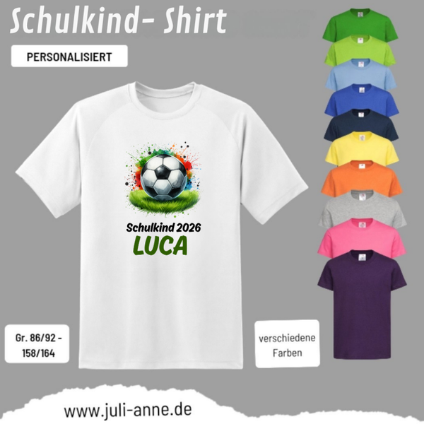 Kinder Basic-Shirt SCHULKIND personalisiert Zahl Name FUSSBALL