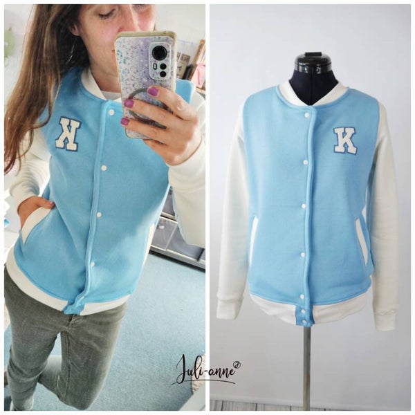 Damen College Jacke - Eisblau Creme *personalisierbar