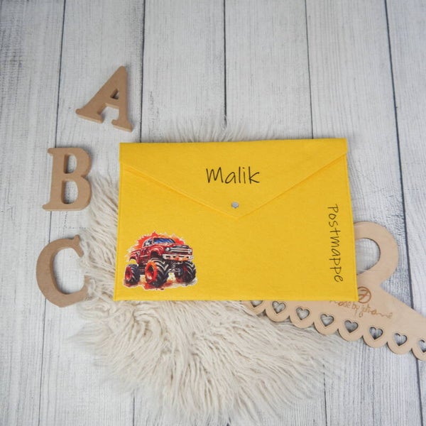 POSTMAPPE GELB - Monstertruck Rot-  personalisiert