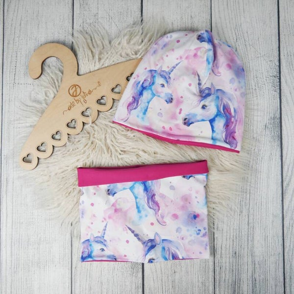 KU 47 - 54 Set: Beanie & Schlupfschal XL Einhörner Lila Pink