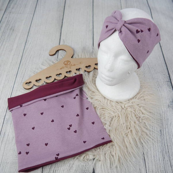 KU 53-57 Set: Knoten-Stirnband & Schlupfschal Rippjersey Herzen Altflieder