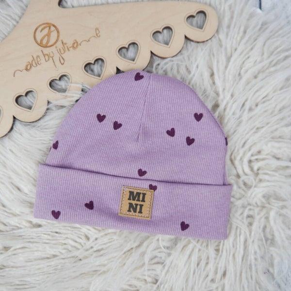 KU 40-42 Hipster Beanie Rippjersey Herzchen Altflieder