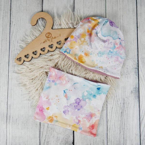 KU 55-58 Set: Beanie & Schlupfschal bunte Farbkleckse  #warm