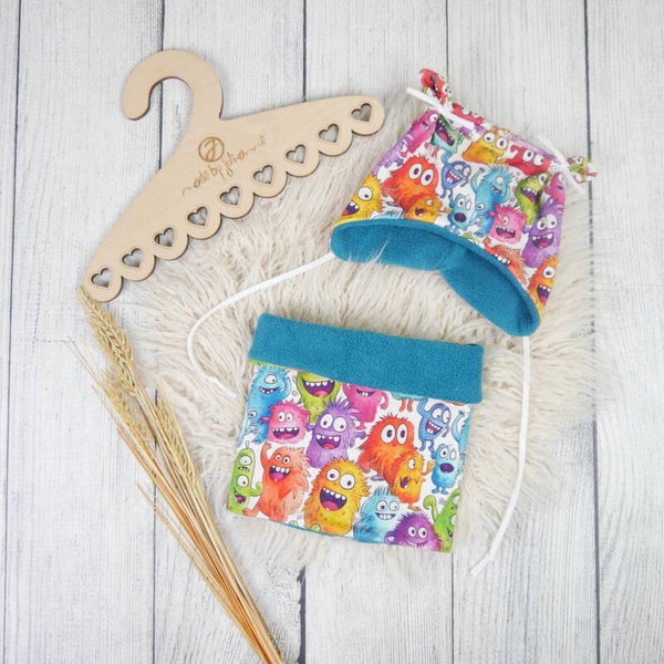 KU 43-45 Set: Öhrchen Mütze Schlupfschal süße Monster #warm