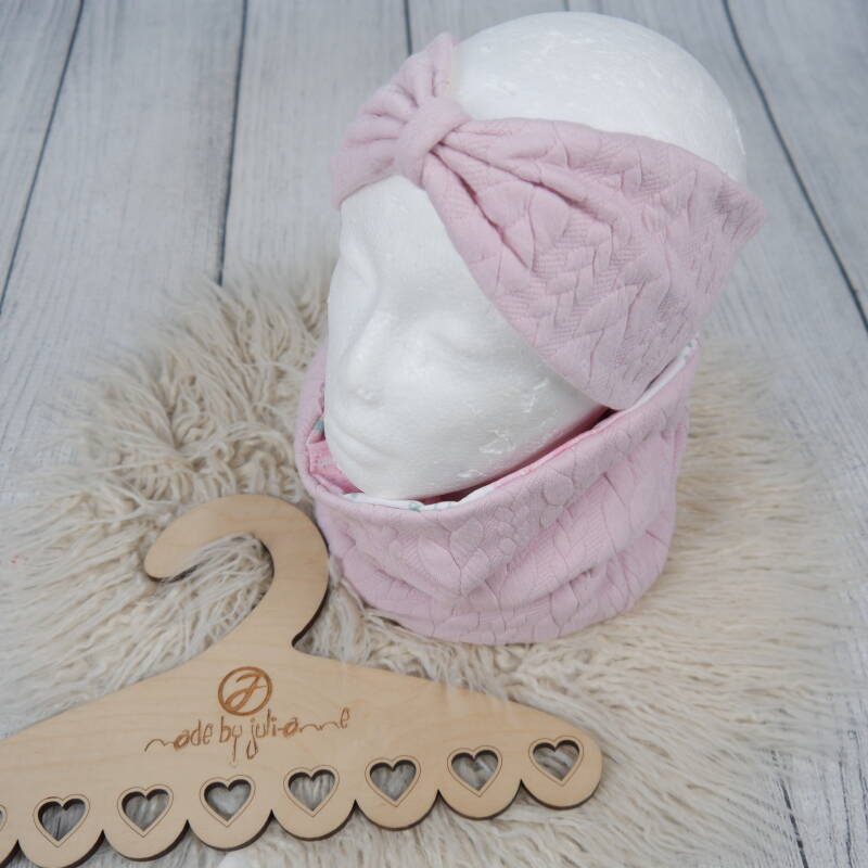KU 53-57 Set: Knoten-Stirnband & Schlupfschal Zopfstrick Rosa
