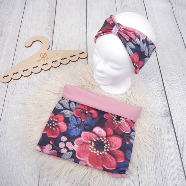 KU 53-57 Set: Knoten-Stirnband & Schlupfschal XL Blumen